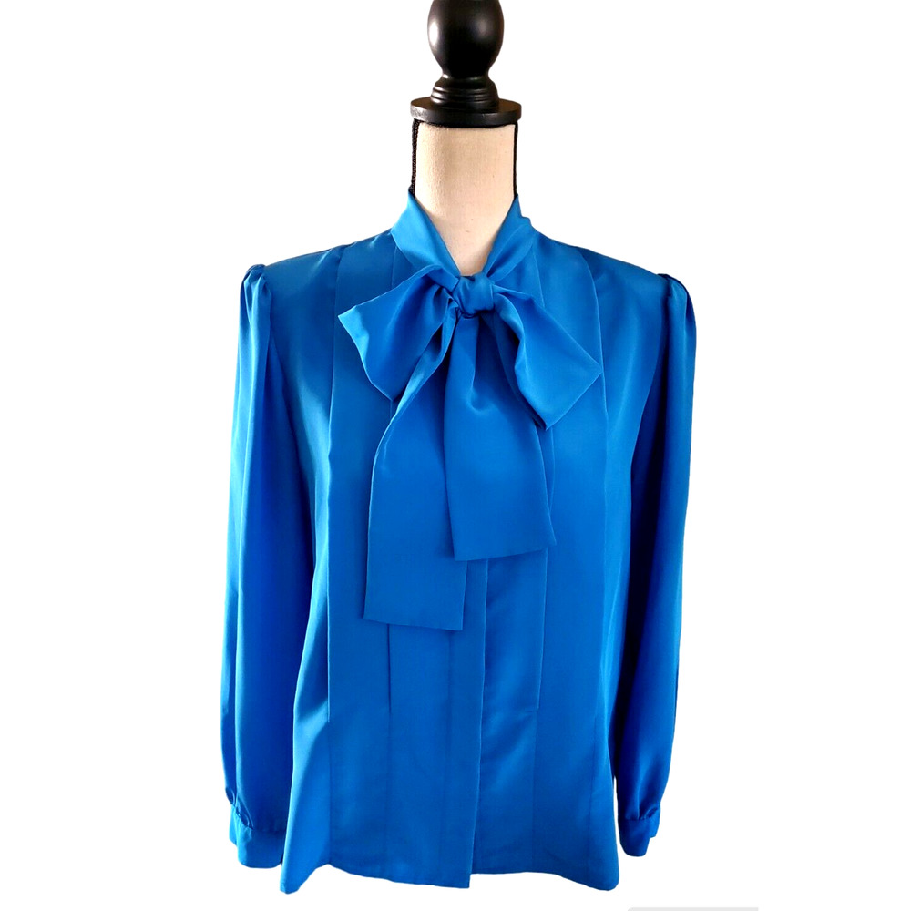 Vintage 80's Lloyd Williams Royal Blue Silky Polyester Tie Front Blouse Top Sz 6